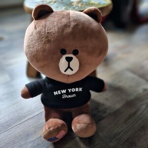 LINE FRIENDS Stuffed New York Bear Plush Toy 14” Brown Character USA flag patch